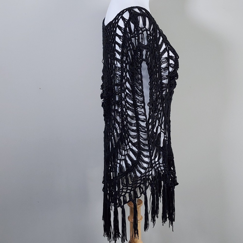Crochet Fringe Poncho Top 1X 2X Black Open Knit Witchy Festival Whimsigoth Goth - Picture 3 of 12